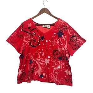 Women's Size XXL Short Sleeve Red White Blue 4th Of July Top V-neck Sequined 2XL